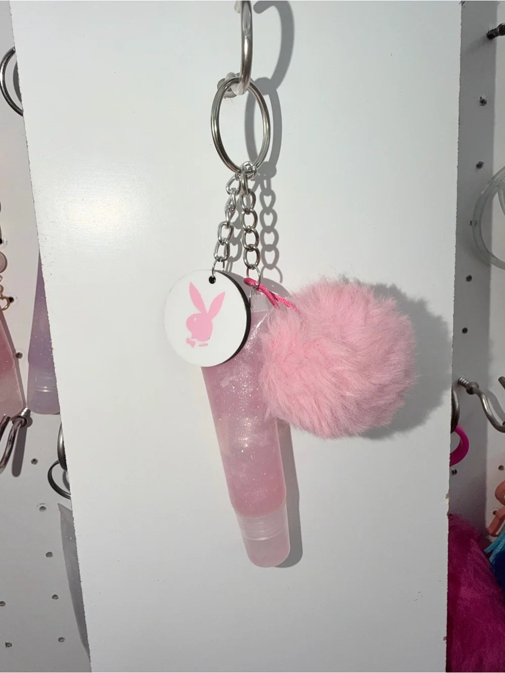 Pink Bunny Pom Pom Lip Gloss Keychain